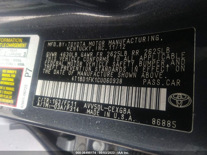 2012 Toyota Camry Hybrid Xle VIN: 4T1BD1FK1CU060938 Lot: 36495174