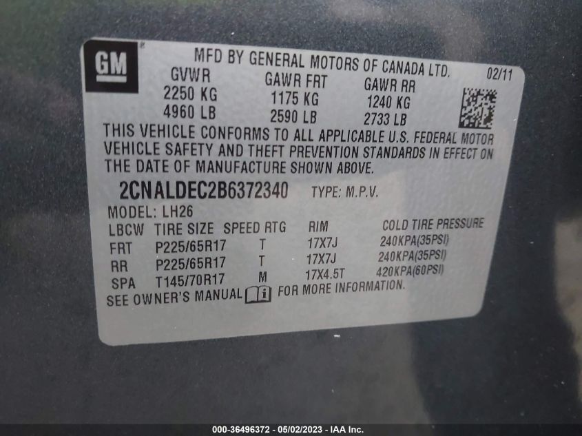 2011 Chevrolet Equinox Lt W/1Lt VIN: 2CNALDEC2B6372340 Lot: 36496372