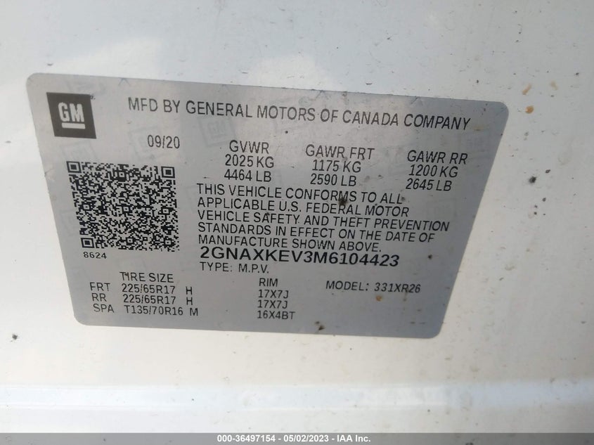 2021 CHEVROLET EQUINOX VIN: 2GNAXKEV3M6104423
