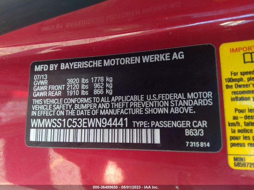 2014 Mini Paceman Cooper VIN: WMWSS1C53EWN94441 Lot: 36499650