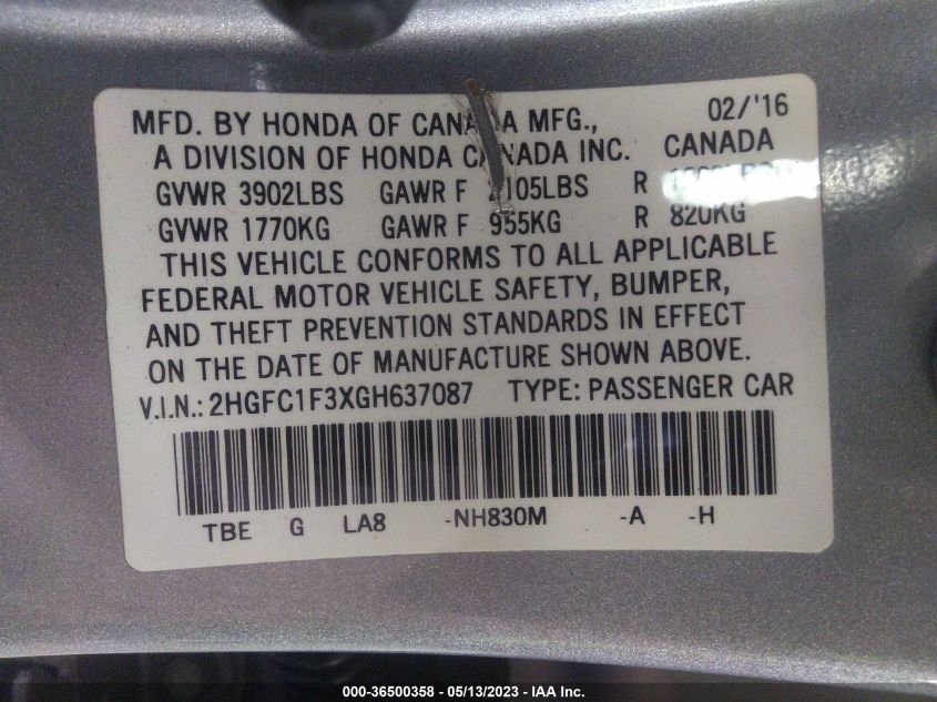 2HGFC1F3XGH637087 2016 Honda Civic Ex-T