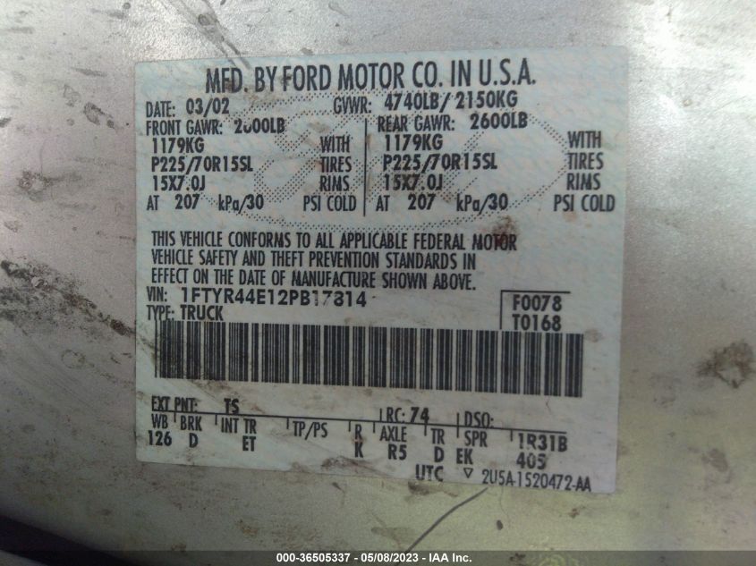 2002 Ford Ranger Xlt Appearance VIN: 1FTYR44E12PB17814 Lot: 36505337