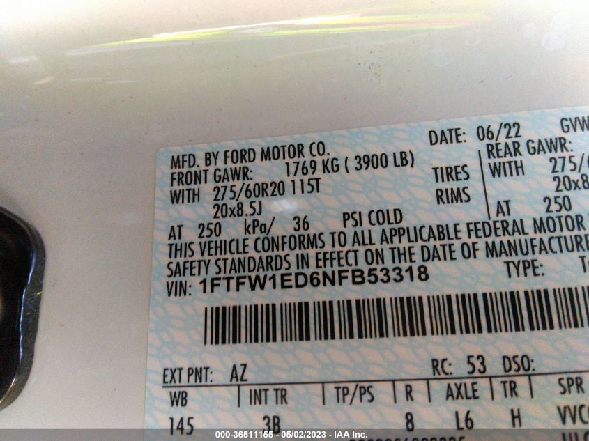 1FTFW1ED6NFB53318 2022 Ford F-150 Platinum