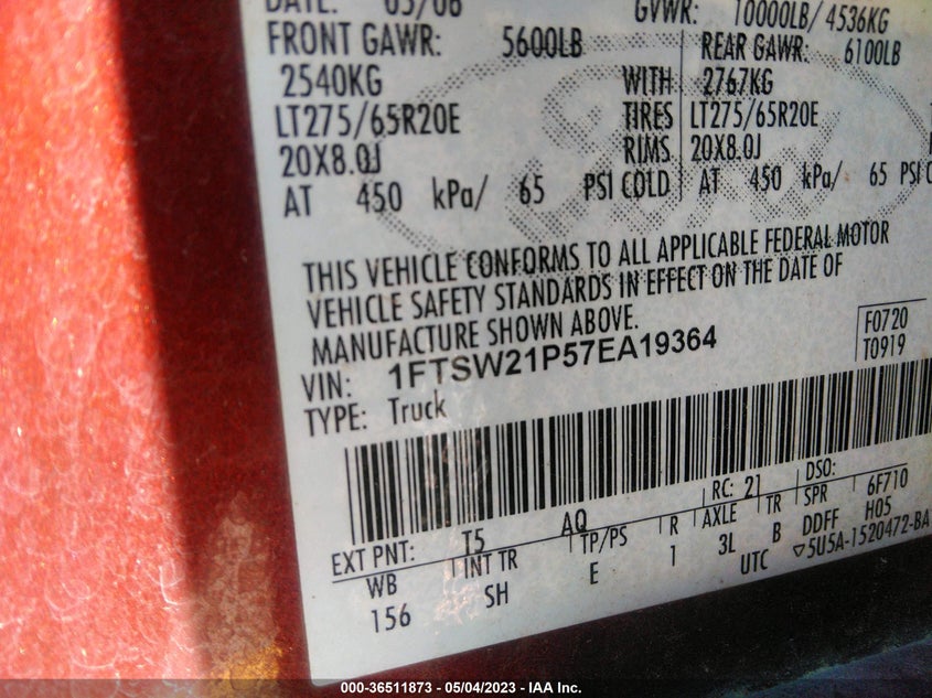 2007 Ford F-250 Xlt/Lariat/Xl VIN: 1FTSW21P57EA19364 Lot: 36511873
