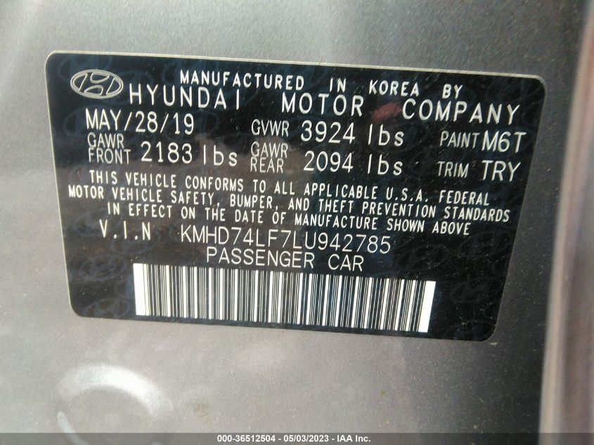 2020 Hyundai Elantra Se VIN: KMHD74LF7LU942785 Lot: 36512504