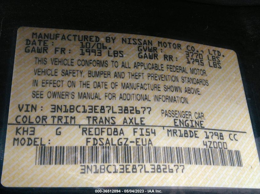 3N1BC13E87L382677 2007 Nissan Versa 1.8Sl