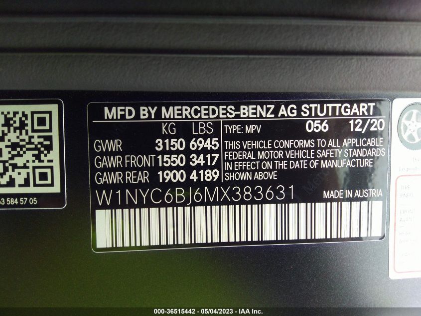 VIN W1NYC6BJ6MX383631 2021 Mercedes-Benz G-Class, G... no.9