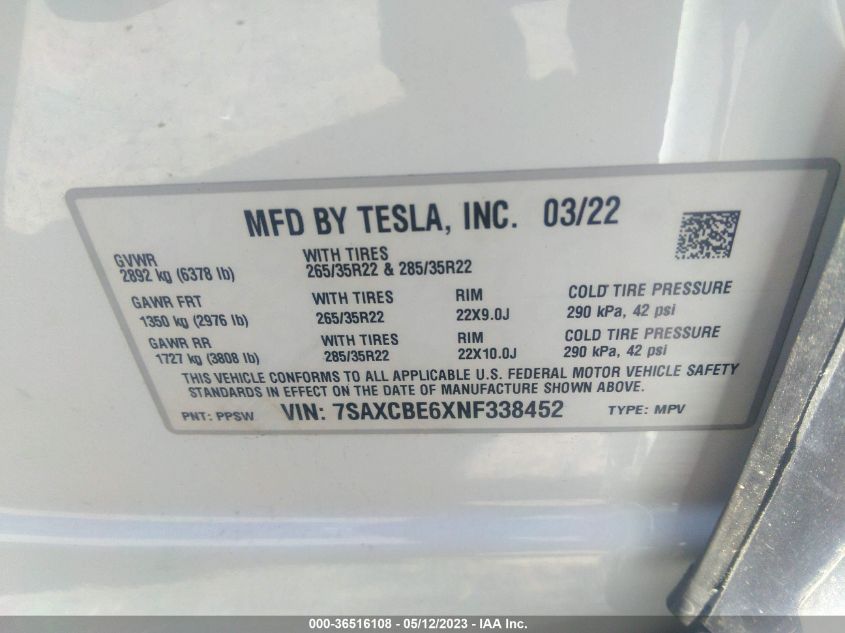 7SAXCBE6XNF338452 2022 Tesla Model X Plaid