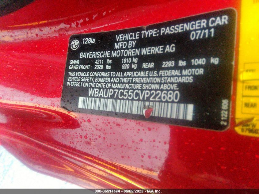 WBAUP7C55CVP22680 2012 BMW 128I