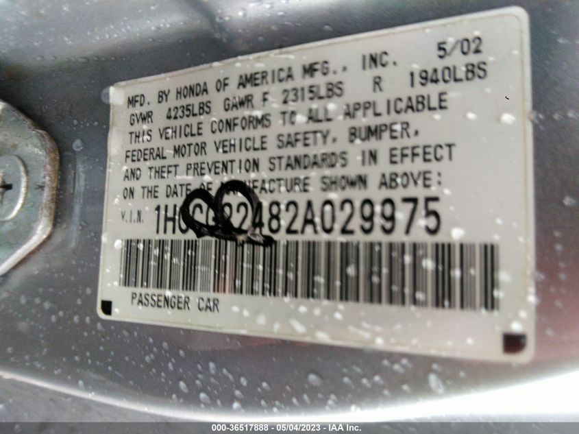 2002 Honda Accord Cpe Lx VIN: 1HGCG22482A029975 Lot: 36517888
