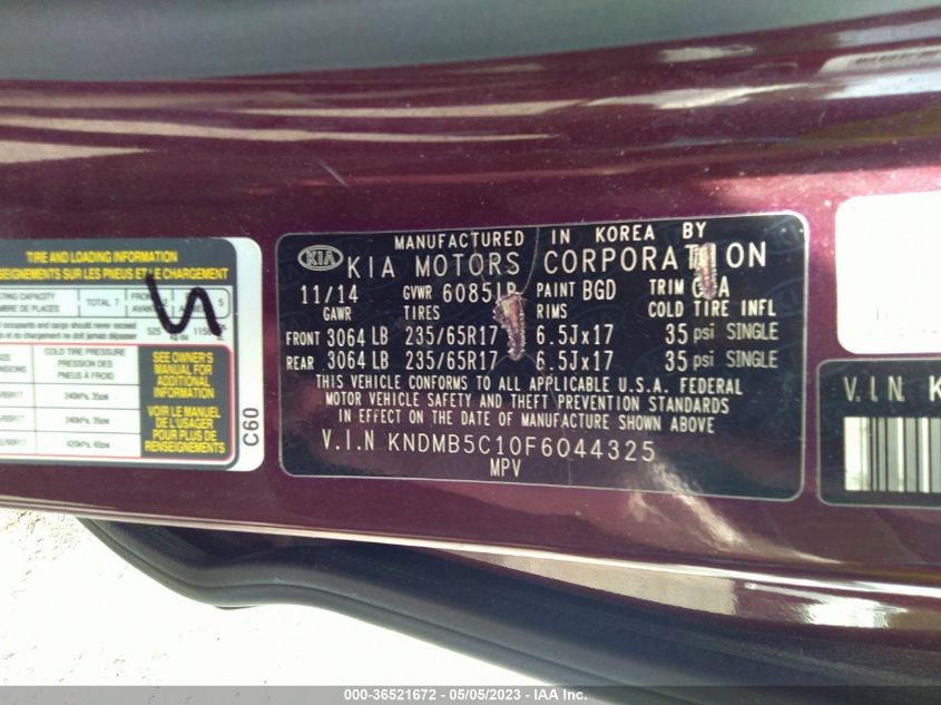 2015 Kia Sedona Lx VIN: KNDMB5C10F6044325 Lot: 36521672