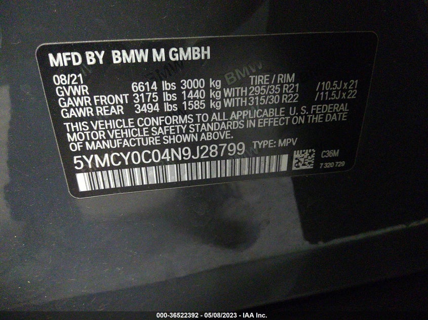 2022 BMW X6 M VIN: 5YMCY0C04N9J28799