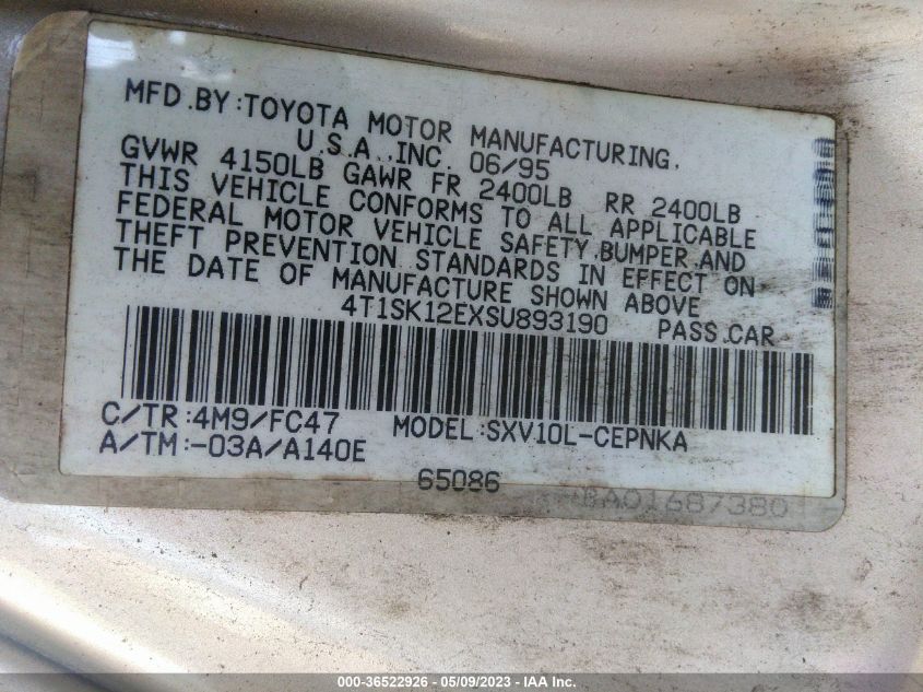 1995 Toyota Camry Le VIN: 4T1SK12EXSU893190 Lot: 36522926