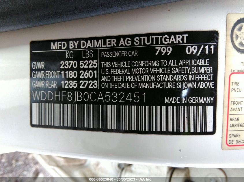 2012 Mercedes-Benz E 350 4Matic VIN: WDDHF8JB0CA532451 Lot: 36523840