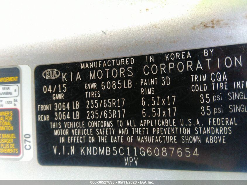 2016 Kia Sedona Lx VIN: KNDMB5C11G6087654 Lot: 36527693