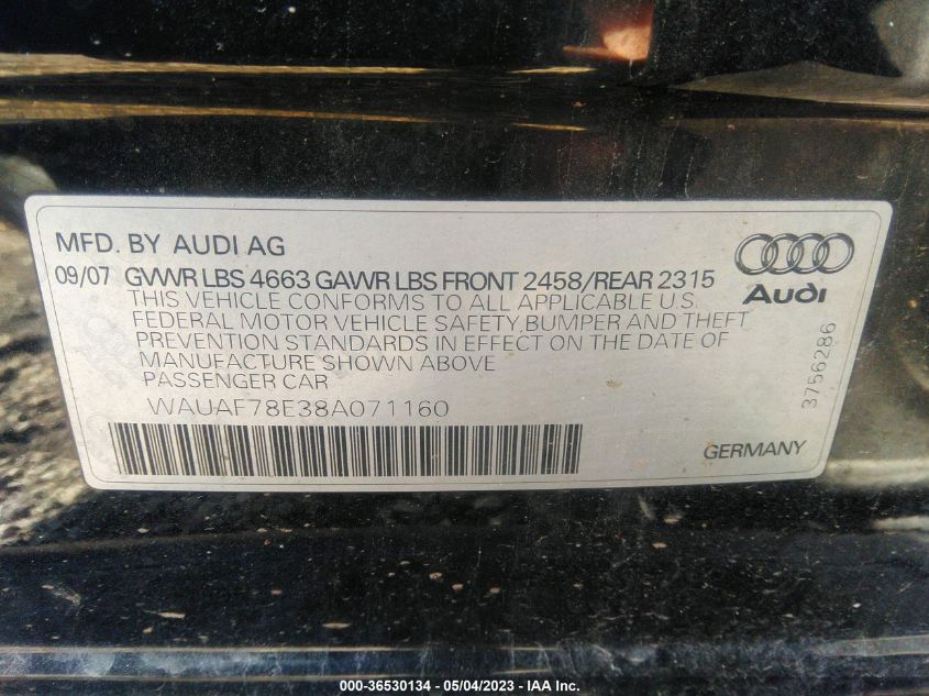 2008 Audi A4 2.0T VIN: WAUAF78E38A071160 Lot: 36530134