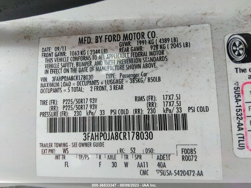 3FAHP0JA8CR178030 2012 Ford Fusion Sel