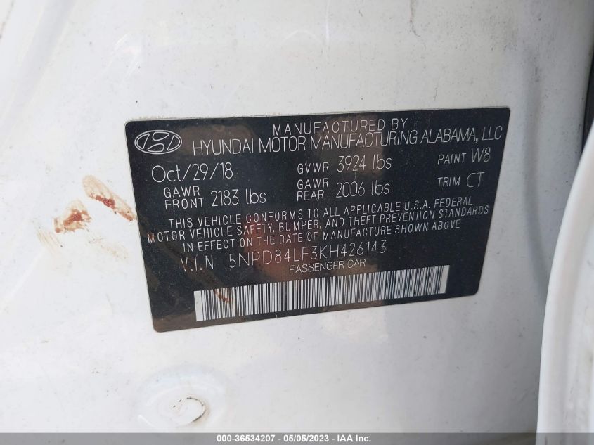 5NPD84LF3KH426143 2019 Hyundai Elantra Sel