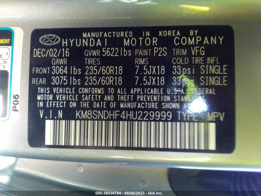 2017 Hyundai Santa Fe Limited VIN: KM8SNDHF4HU229999 Lot: 36534784