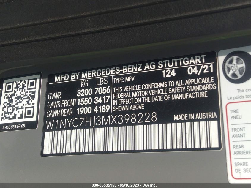 VIN W1NYC7HJ3MX398228 2021 Mercedes-Benz G-Class, A... no.9