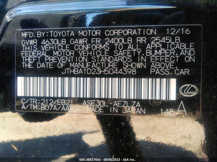 2017 Lexus Is Is Turbo VIN: JTHBA1D23H5044398 Lot: 36537643