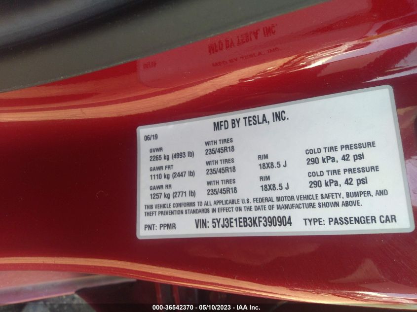 2019 Tesla Model 3 Performance VIN: 5YJ3E1EB3KF390904 Lot: 36542370