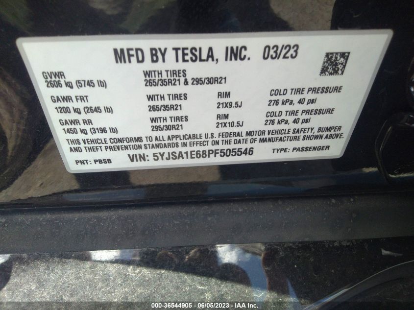 2023 Tesla Model S Plaid Tri Motor All-Wheel Drive VIN: 5YJSA1E68PF505546 Lot: 36544905