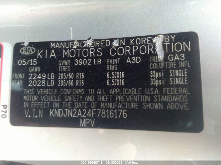 KNDJN2A24F7816176 2015 Kia Soul