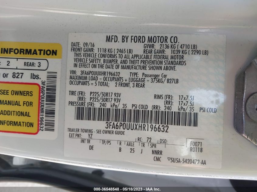 3FA6P0UUXHR196632 2017 Ford Fusion Hybrid S