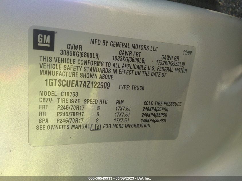 1GTSCUEA7AZ122909 2010 GMC Sierra 1500 Sl