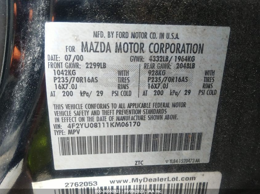 2001 Mazda Tribute Es V6/Lx V6 VIN: 4F2YU08111KM06170 Lot: 36550923