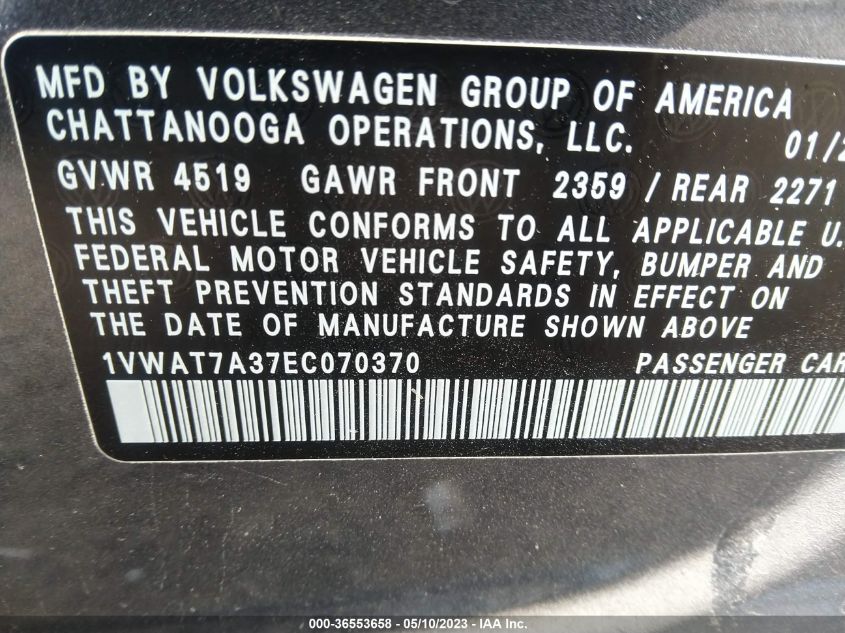 2014 Volkswagen Passat 1.8T Wolfsburg Edition VIN: 1VWAT7A37EC070370 Lot: 36553658