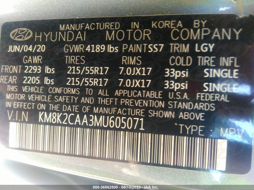 2021 Hyundai Kona Sel VIN: KM8K2CAA3MU605071 Lot: 36562500