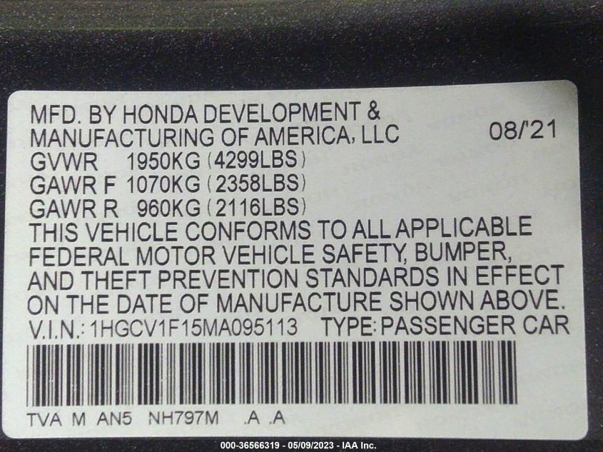 2021 Honda Accord Lx VIN: 1HGCV1F15MA095113 Lot: 36566319