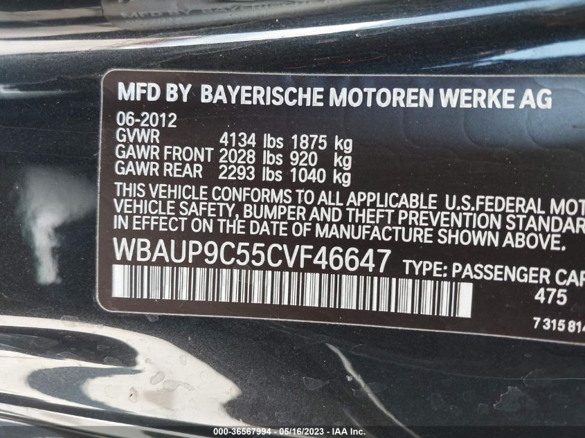 2012 BMW 128I VIN: WBAUP9C55CVF46647 Lot: 36567994