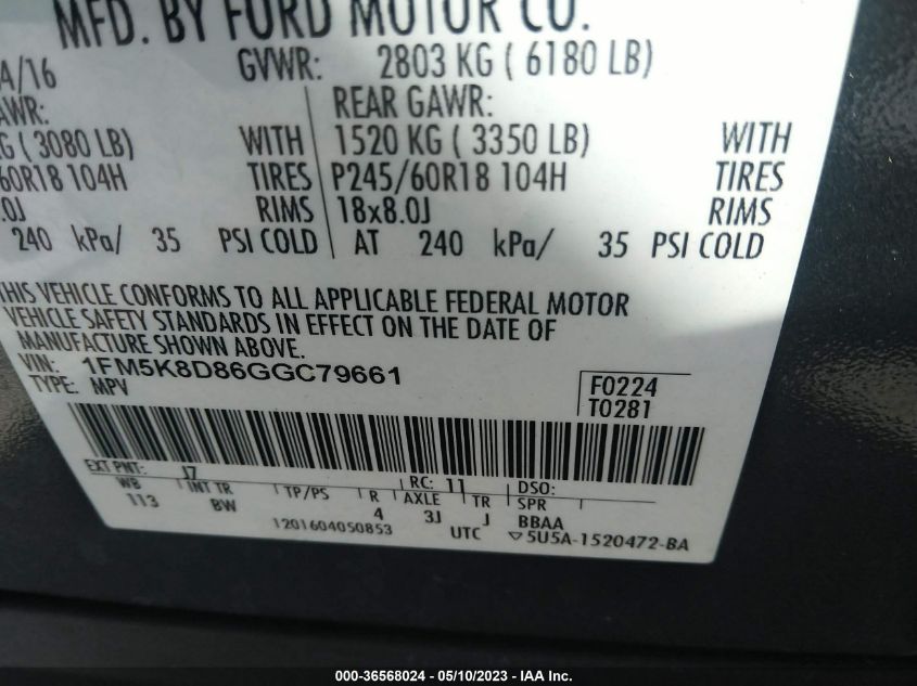 2016 Ford Explorer Xlt VIN: 1FM5K8D86GGC79661 Lot: 36568024