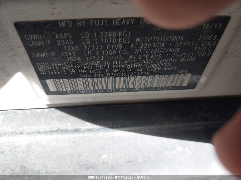 2012 Subaru Outback 2.5I VIN: 4S4BRBACXC3221638 Lot: 36573768
