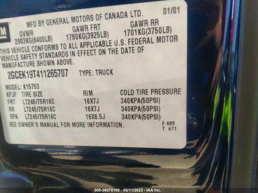 2001 Chevrolet Silverado 1500 Ls VIN: 2GCEK19T411265707 Lot: 36578195