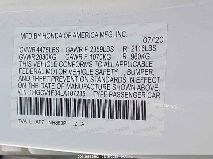 2020 HONDA ACCORD VIN: 1HGCV1F34LA107235