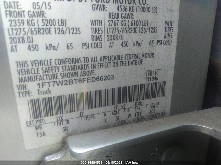 2015 Ford F-250 Lariat VIN: 1FT7W2BT6FED66203 Lot: 36584538