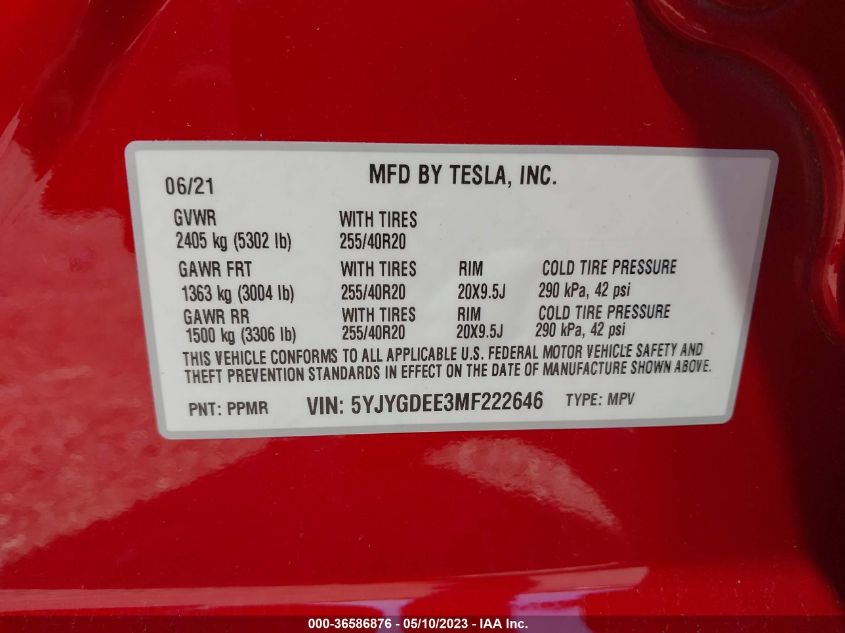 2021 Tesla Model Y Long Range VIN: 5YJYGDEE3MF222646 Lot: 36586876
