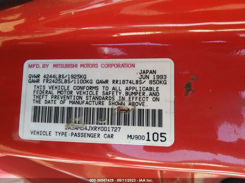 1994 Mitsubishi 3000 Gt VIN: JA3AM54JXRY001727 Lot: 36587429