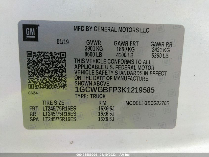 2019 Chevrolet Express 2500 Work Van VIN: 1GCWGBFP3K1219585 Lot: 36589204