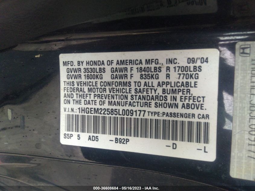 2005 Honda Civic Lx VIN: 1HGEM22585L009177 Lot: 36608684