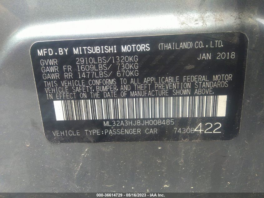 ML32A3HJ8JH008485 2018 Mitsubishi Mirage Es