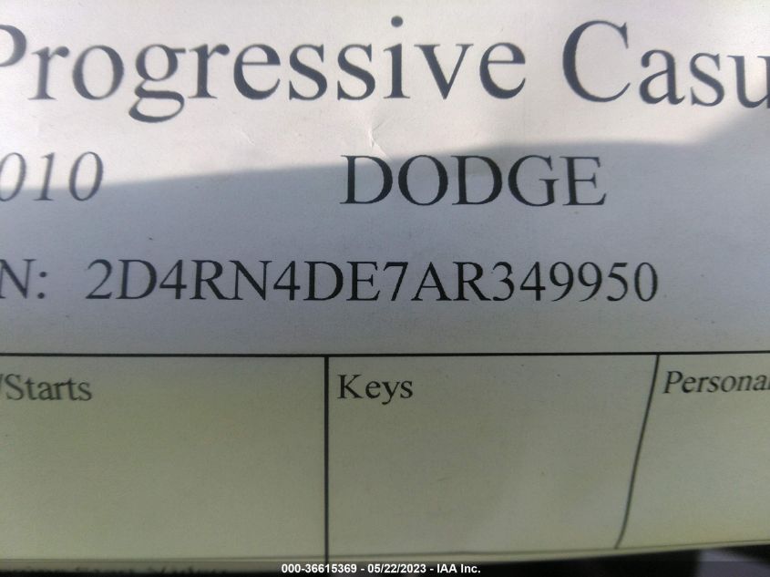 2010 Dodge Grand Caravan Se VIN: 2D4RN4DE7AR349950 Lot: 36615369