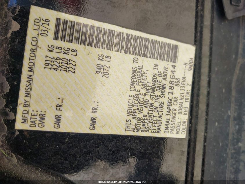 2016 Nissan Altima 2.5 Sr VIN: 1N4AL3AP6GC188644 Lot: 36615642