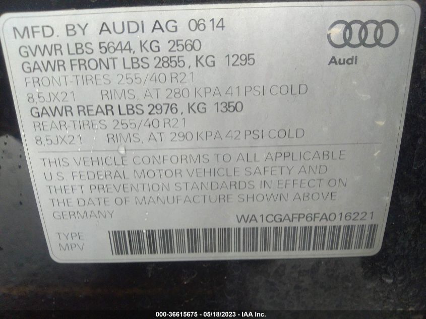 2015 Audi Sq5 3.0T Premium Plus VIN: WA1CGAFP6FA016221 Lot: 36615675