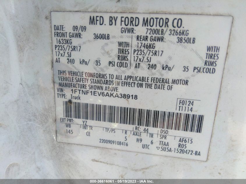 1FTNF1EV6AKA38918 2010 Ford F-150 Xl/Xlt