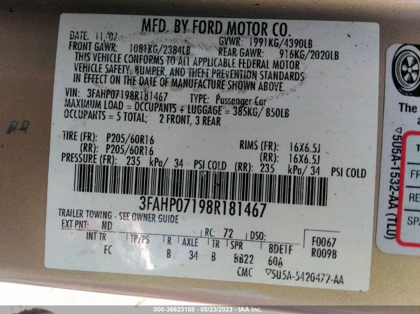 2008 Ford Fusion Se VIN: 3FAHP07198R181467 Lot: 36623188